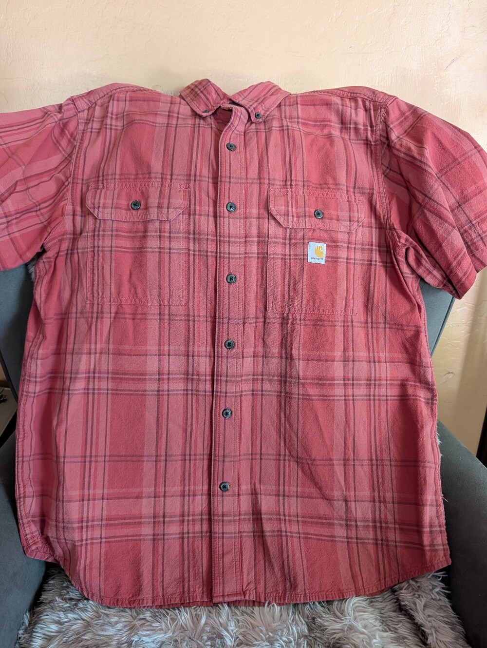 Carhartt Men's Pink Plaid Short-Sleeve Button-Down Shirt